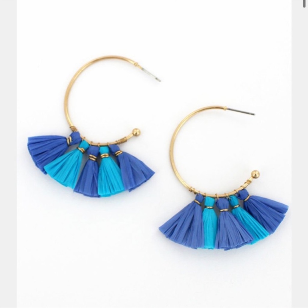 Blue Ombre Raffia Tassel Hoop Earrings 20$